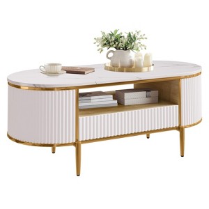 Modern Luxury Fluted Coffee Table, 47.24" Oval Coffee Table with Sliding Drawers and Gold Metal Legs - 1 of 4