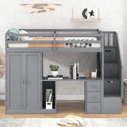 Space-Saving Twin Size Loft Bed with Storage Wardrobes, Drawers