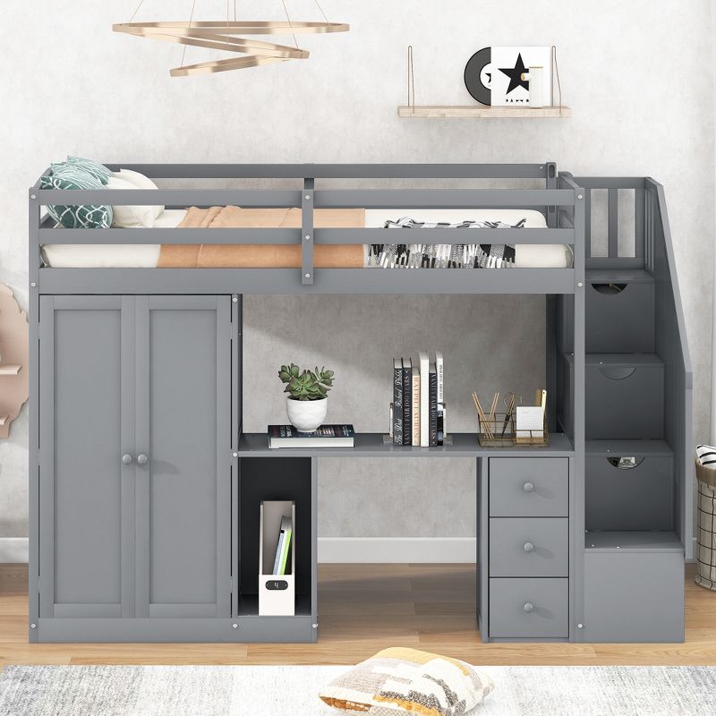 Twin Size Loft Bed with Wardrobe, Staircase, Desk and Storage Drawers - ModernLuxe, 1 of 10