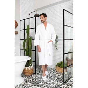 Lotus Linen Waffle Spa Bathrobe for Men - Absorbent, Lightweight White Small - 1 of 4