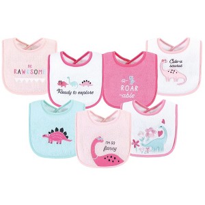 Hudson Baby Infant Girl Cotton Terry Drooler Bibs with Fiber Filling, Girl Dino, One Size - 1 of 4