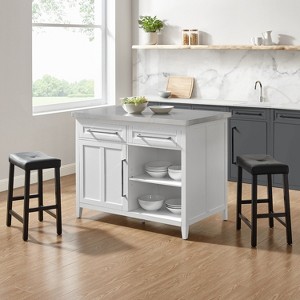 HomeStock  Silvia Stainless Steel Top Kitchen Island, Coffee Bar, with a Set of 2 Upholstered Saddle Stools, White/Black - 1 of 4