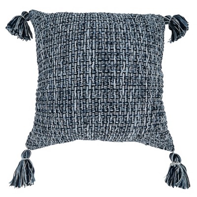 Saro 22 in. Woven Square Throw Pillow with Down Filling Navy Blue