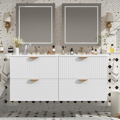 48" Modern Style Wall-Mounted Bathroom Vanity Combo with Double Ceramic Sinks, 4 Drawers, Ideal for Small Bathrooms, White/Green - ModernLuxe