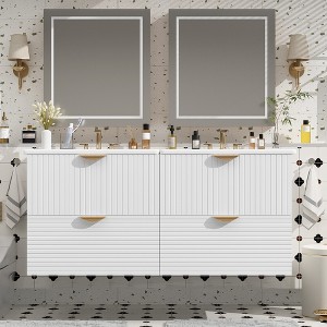 48" Modern Style Wall-Mounted Bathroom Vanity Combo with Double Ceramic Sinks, 4 Drawers, Ideal for Small Bathrooms, White/Green - ModernLuxe - 1 of 4