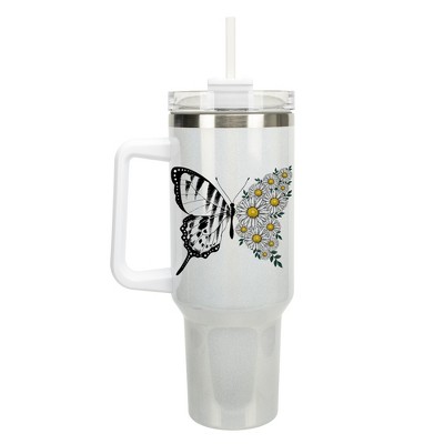 Elanze Designs Butterfly Wings Daisy Flowers 40 oz. Stainless Steel, Large Water Bottle Coffee Mug, Spill & Leak Resistant, Thermal Travel Tumbler