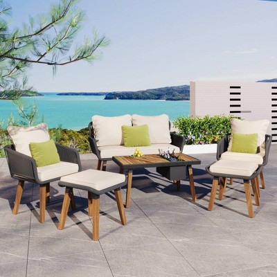 Nestfair 6pc Metal Frame Rope Patio Set with Wood Cool Bar Table and 2 Stools and Cushions Beige