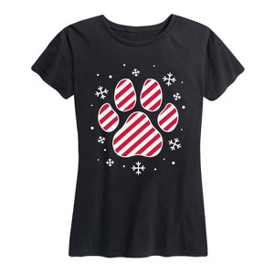 Women's - Instant Message - Candy Cane Striped Paw Print Short Sleeve Graphic T-Shirt - 1 of 4