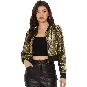 INSPIRE CHIC Women's Sequin Sparkle Front Zipper Cropped Bomber Jacket - 1 of 4