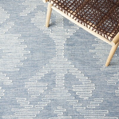 Handwoven Blue and Ivory Wool Cotton Southwestern Rug