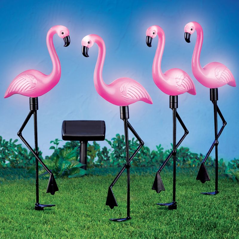 Collections Etc Pink Flamingos Solar Yard Stakes Set of 4 7.25 X 2.5 X 21, 2 of 3