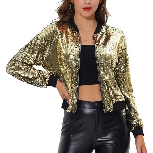 INSPIRE CHIC Women's Party Sequin Sparkle Long Sleeve Cropped Length Zipper Bomber Jacket - 1 of 4