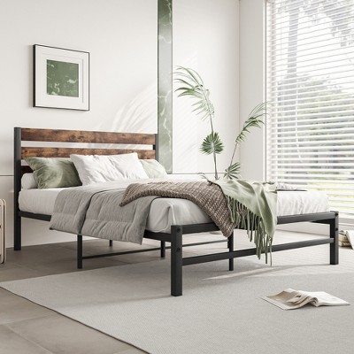ALEXOUN Metal Bed Frame with Rustic Vintage Wood Headboard, Strong Metal Slats Support Mattress Foundation, No Box Spring Needed Rustic