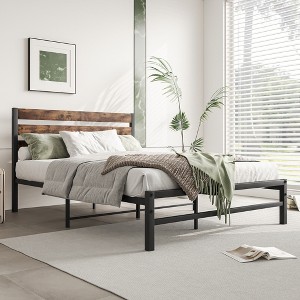 ALEXOUN Metal Bed Frame with Rustic Vintage Wood Headboard, Strong Metal Slats Support Mattress Foundation, No Box Spring Needed Rustic - 1 of 4