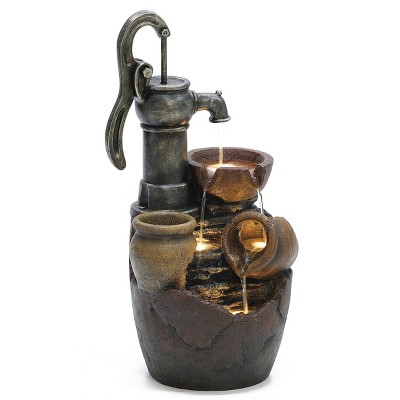 LuxenHome Farmhouse Pump and Pots Resin Outdoor Fountain with Lights Brown