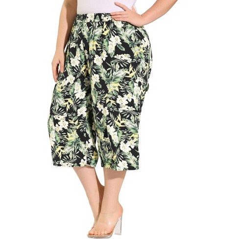 Agnes Orinda Women's Plus Size Floral Trouser Elastic Waist Casual Capri  Pants Black 1X