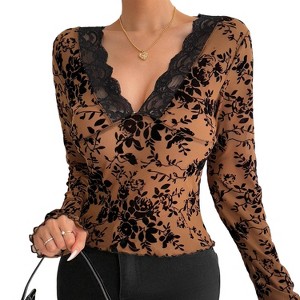 Women's Slim Long Sleeve Shirt Sheer Flora Elegant Blouse Deep V Lace Trim Casual Top - 1 of 4