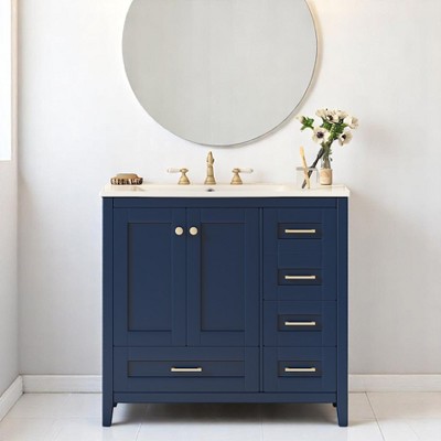 Mshliw 36 Inch Bathroom Vanity with Resin Sink Combo, Freestanding Storage Cabinet with 4 Drawers and 2 Doors, Solid Wood Feet