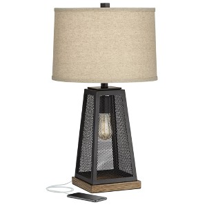 Franklin Iron Works Barris Industrial Table Lamp 26 3/4" High Metal Mesh with Nightlight LED USB Charging Port Burlap Shade for Living Room House Desk - 1 of 4