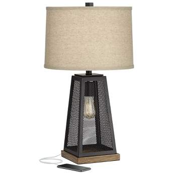 Franklin Iron Works Barris Industrial Table Lamp 26 3/4" High Metal Mesh with Nightlight LED USB Charging Port Burlap Shade for Living Room House Desk