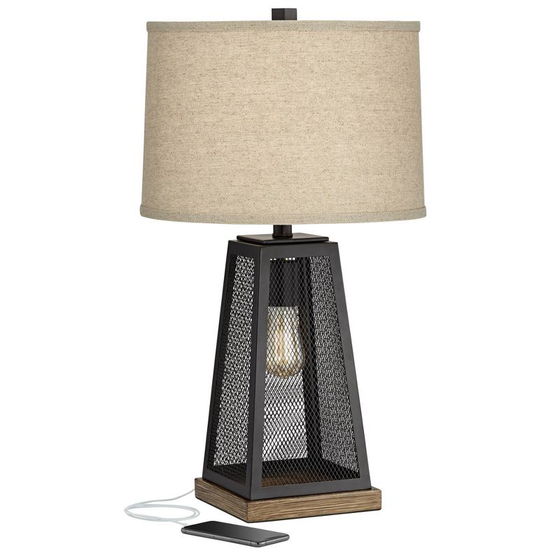 Franklin Iron Works Barris Industrial Table Lamp 26 3/4" High Metal Mesh with Nightlight LED USB Charging Port Burlap Shade for Living Room House Desk, 1 of 10