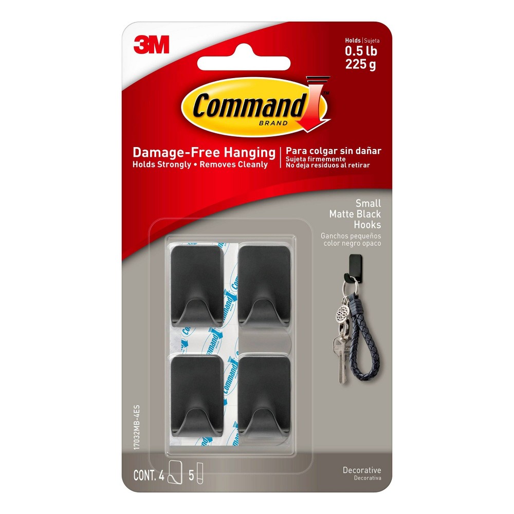 Command Decorative Hooks Black: Matte Plastic Wall Hooks, 0.5 lb Capacity, Set of 4