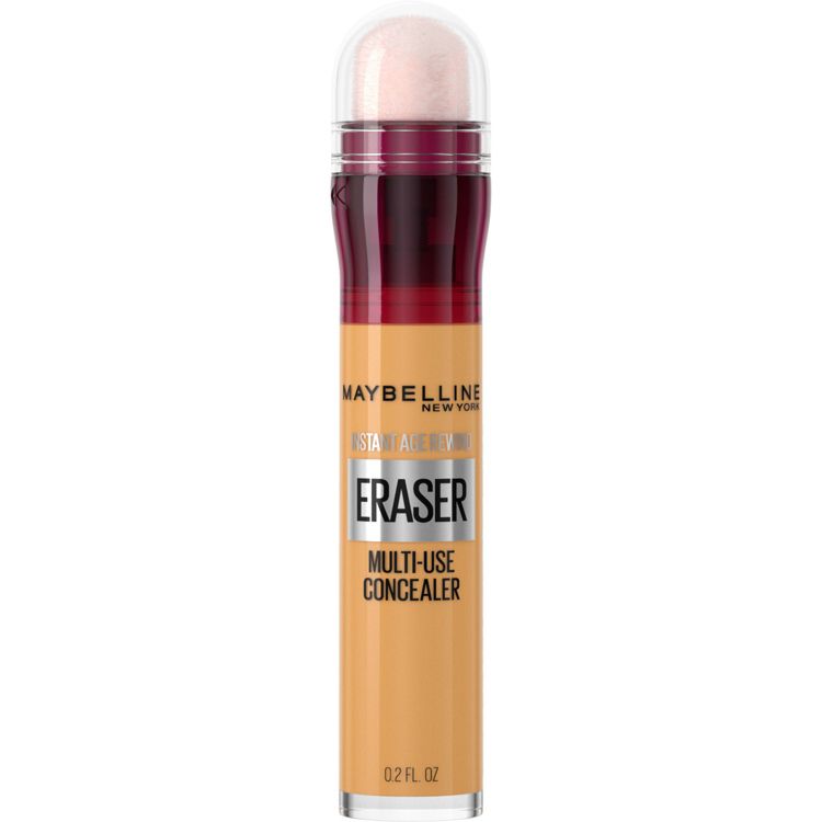 A tube of Maybelline Instant Age Rewind Multi-Use Concealer with a sponge applicator tip, labeled "Eraser" and "Multi-Use Concealer," in a beige shade.