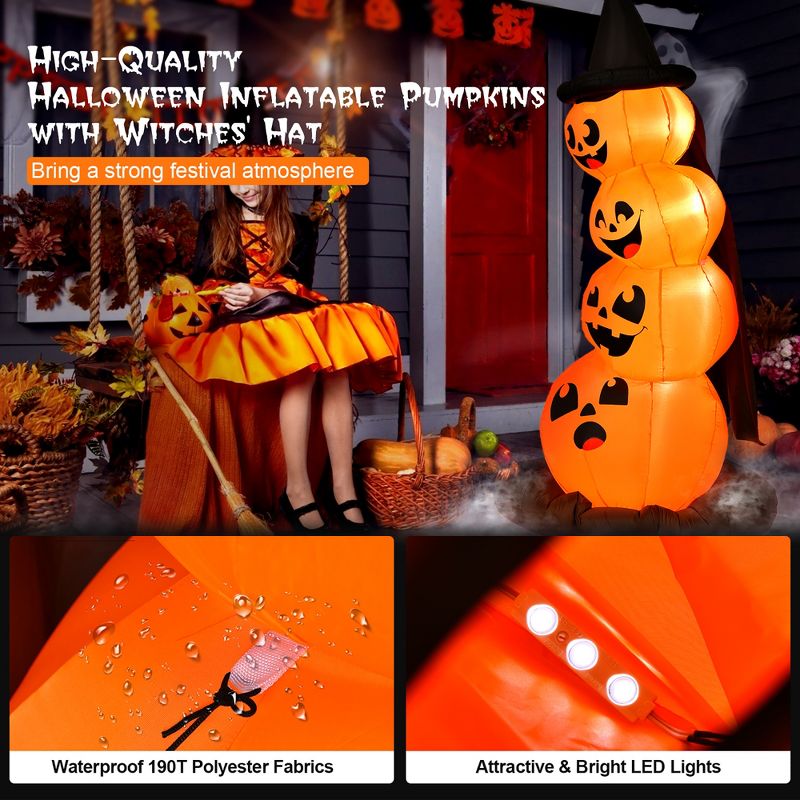Costway 6.8FT Halloween Inflatable Pumpkin Combo Blow up Pumpkins w/ Witch’s Hat, 3 of 11