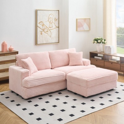 Modern 88.6" Corduroy Deep Seat Sofa with Storage Ottoman, Cloud-Like Comfy 3-Seater Couch for Living Room or Small Spaces–The Pop Home
