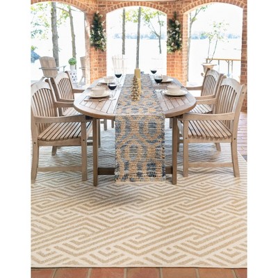 Beige Geometric Flat-Woven Outdoor Rug, 5' x 8', Reversible and Washable