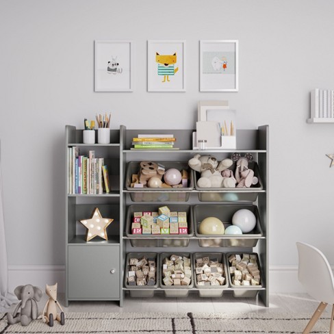 Toy shops organizer shelf with bins