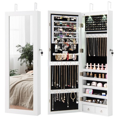 Tangkula Lockable Wall Door Mount Mirrored Cabinet Jewelry Organizer w/ LED Lights