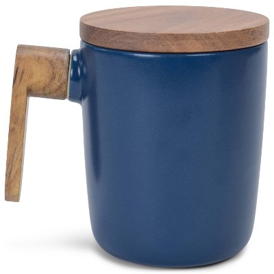Nat & Jules Japanese Style Blue 12 ounce Stoneware Wood Handled Mug With Coaster Lid