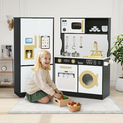 Wooden Play Kitchen Set for Kids with Sink, Freezer, Ice Maker, Washing Machine & Accessories Large Storage & Realistic Features