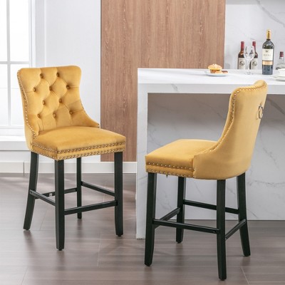 SKRAN Modern Velvet Bar Stools High Back Upholstered Barstools Set of 2 With Wood Legs, Button Tufted,Chrome Nailhead for Kitchen Island, Pub