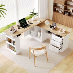 Famapy Height - Adjustable Computer Desk Office Desk Standing Desk:L - Shaped Spacious Desktop, Storage Cabinets