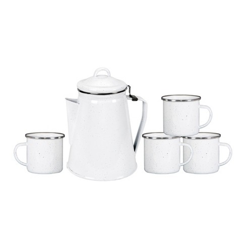 Stansport Enamel 8-Cup Coffee Pot with Percolator & Four 12oz Mugs