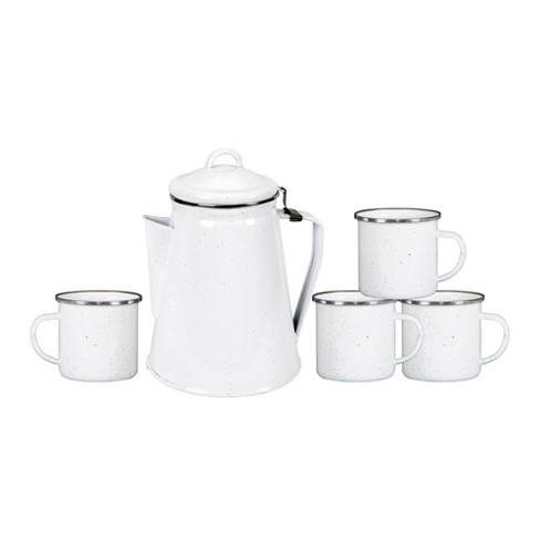 Stansport Enamel Percolator Coffee Pot & 4 Mug Set, White