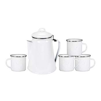 Stansport Enamel 8 Cup Coffee Pot With Percolator and 4 12oz Mugs White