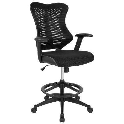 Flash Furniture High Back Designer Black Mesh Drafting Chair with LeatherSoft Sides and Adjustable Arms