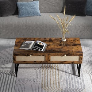 46" Rattan Coffee Table with Metal Frame - Center Rectangular Table with 2 Drawers - 1 of 4