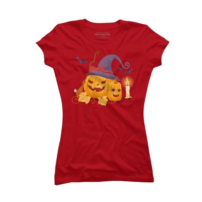 Junior's Design By Humans Halloween Witch Pumpkins With Bats By VectorVillain T-Shirt