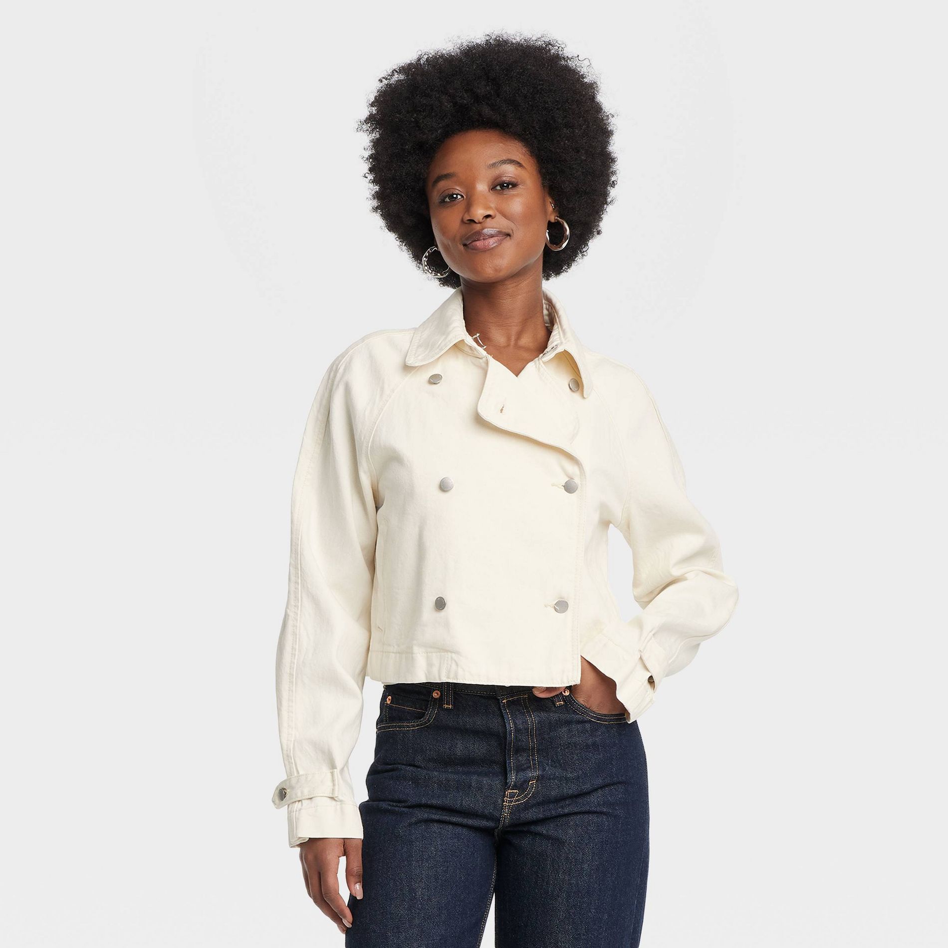 Women's Denim Cropped Trench Jacket - Universal Thread™ Off-White M: Midweight, Double-Breasted, Woven