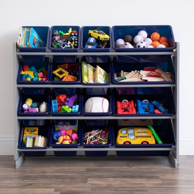 Gray and Navy Kids' Toy Storage Organizer with 16 Bins