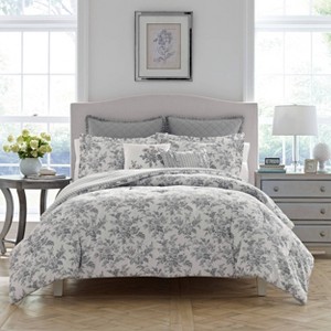 Laura Ashley Annalise Floral 100% Cotton Duvet Cover Bonus Set Gray - 1 of 4