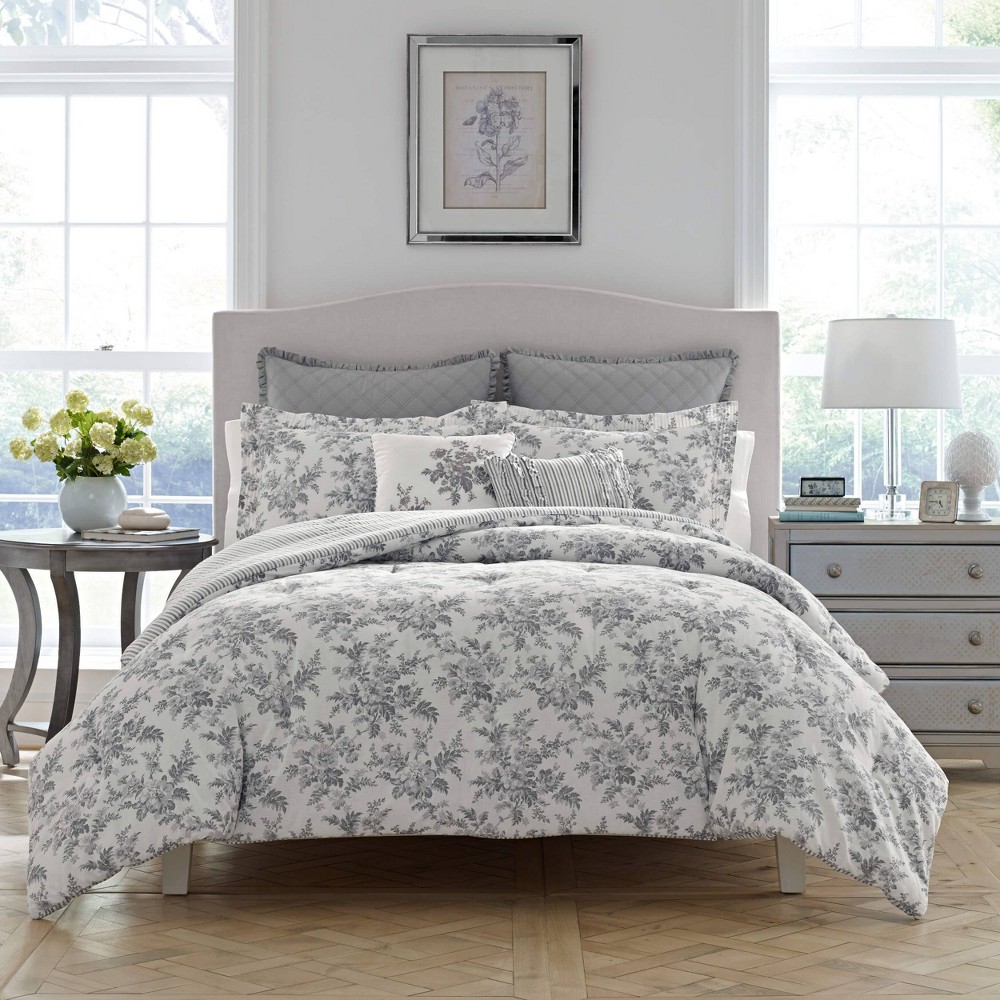 Photos - Bed Linen Laura Ashley 5pc Twin Annalise Floral 100 Cotton Duvet Cover Bonus Set Gra