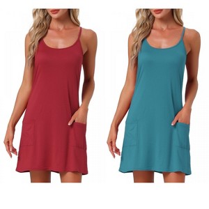 INSPIRE CHIC Women's 2 Pcs Sleeveless Racerback Midi Sleepdress Chemise Nightgowns with Pockets - 1 of 4