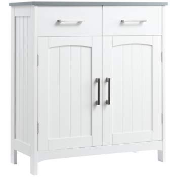 kleankin Bathroom Floor Cabinet, Freestanding Linen Cabinet, Storage Cupboard with 2 Drawers, Double Doors, Adjustable Shelf, White