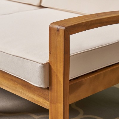 Teak and Beige Acacia Wood 3-Seater Outdoor Sectional Sofa Set with Ottoman