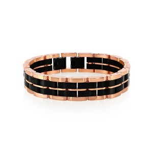Metallo Stainless Steel, Two-Tone Double Striped Linked Bracelet - Black & Rose Gold - Rose - 8.5 Inch - 1 of 4
